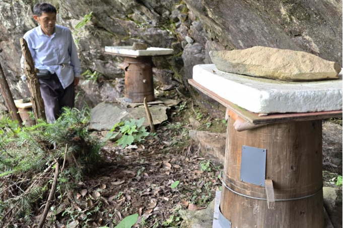 图为蜂农介绍山林蜂箱、蜜源植被